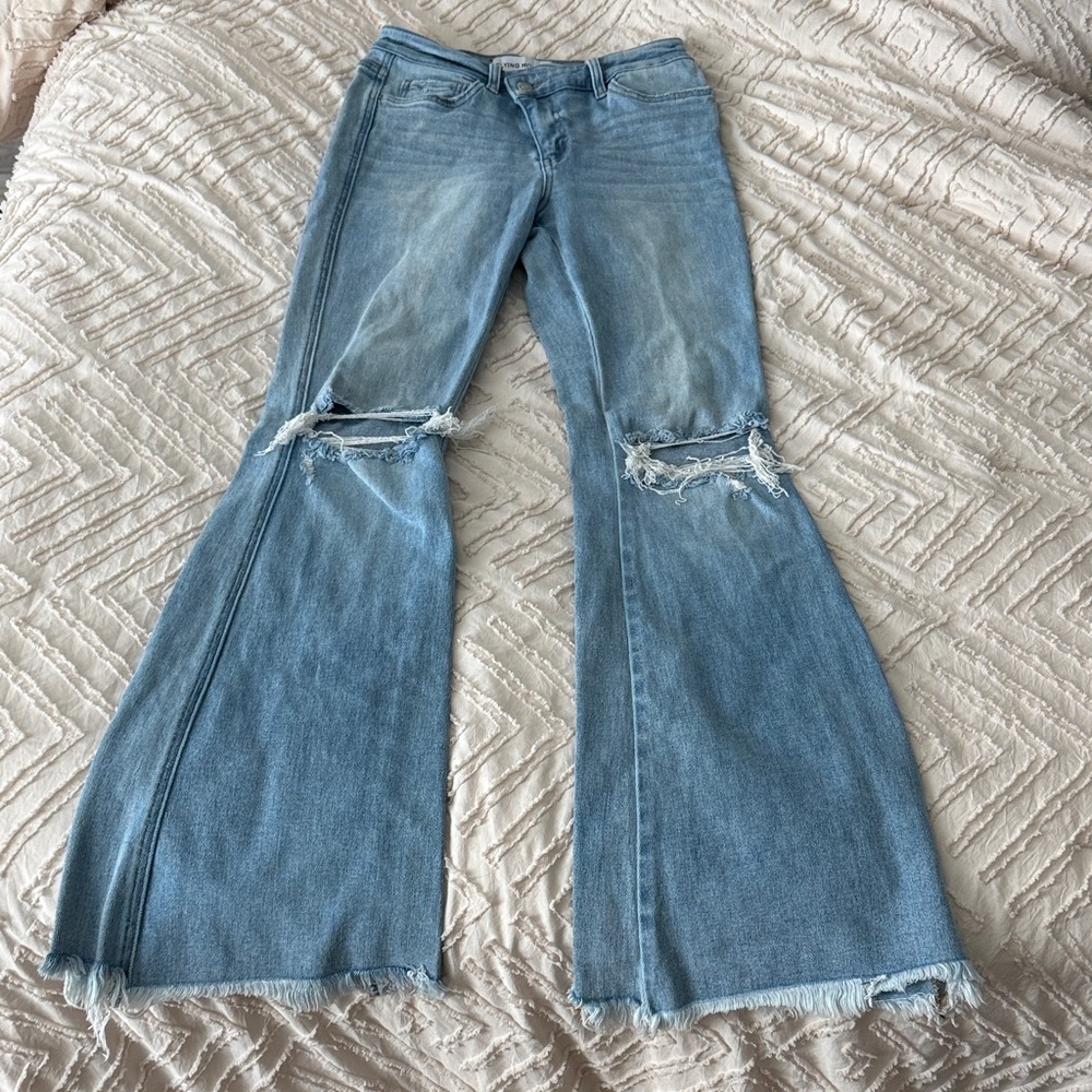 Flying Monkey Light Blue Distressed Flare Jeans